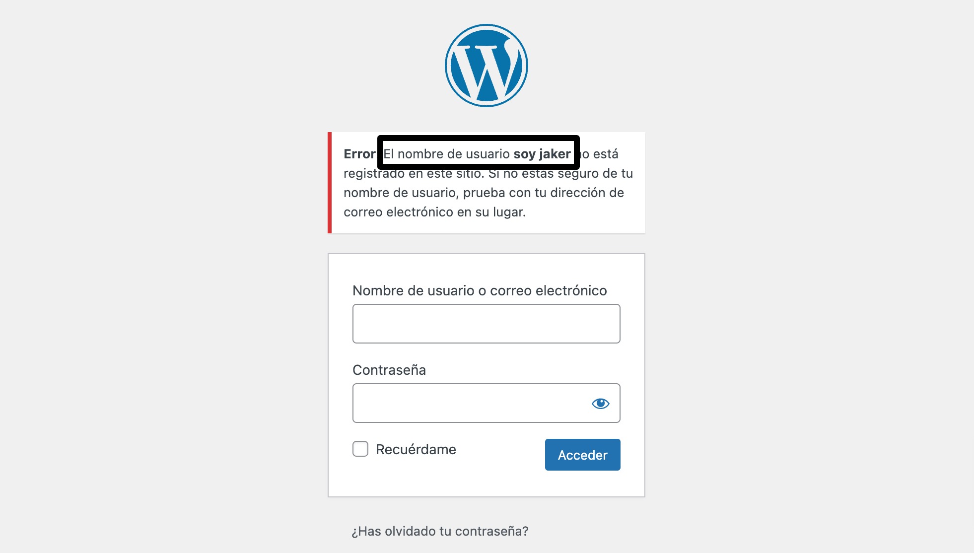 informacion usuario error acceso wordpress