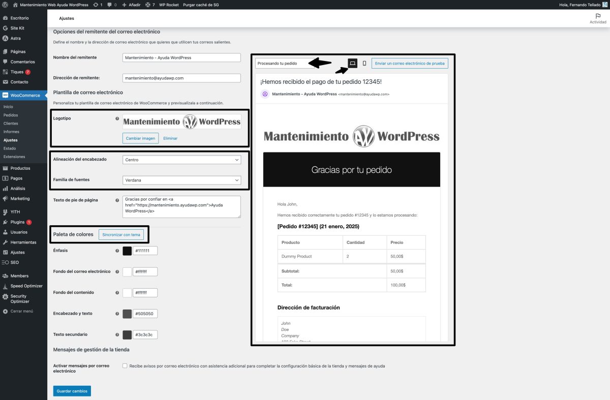 ajustes aspecto correos electronicos woocommerce nuevos