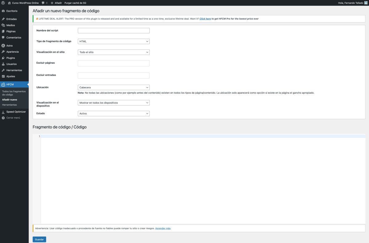 añadir un nuevo fragmento de código curso wordpress online — wordpress 22 01 2025 12 34