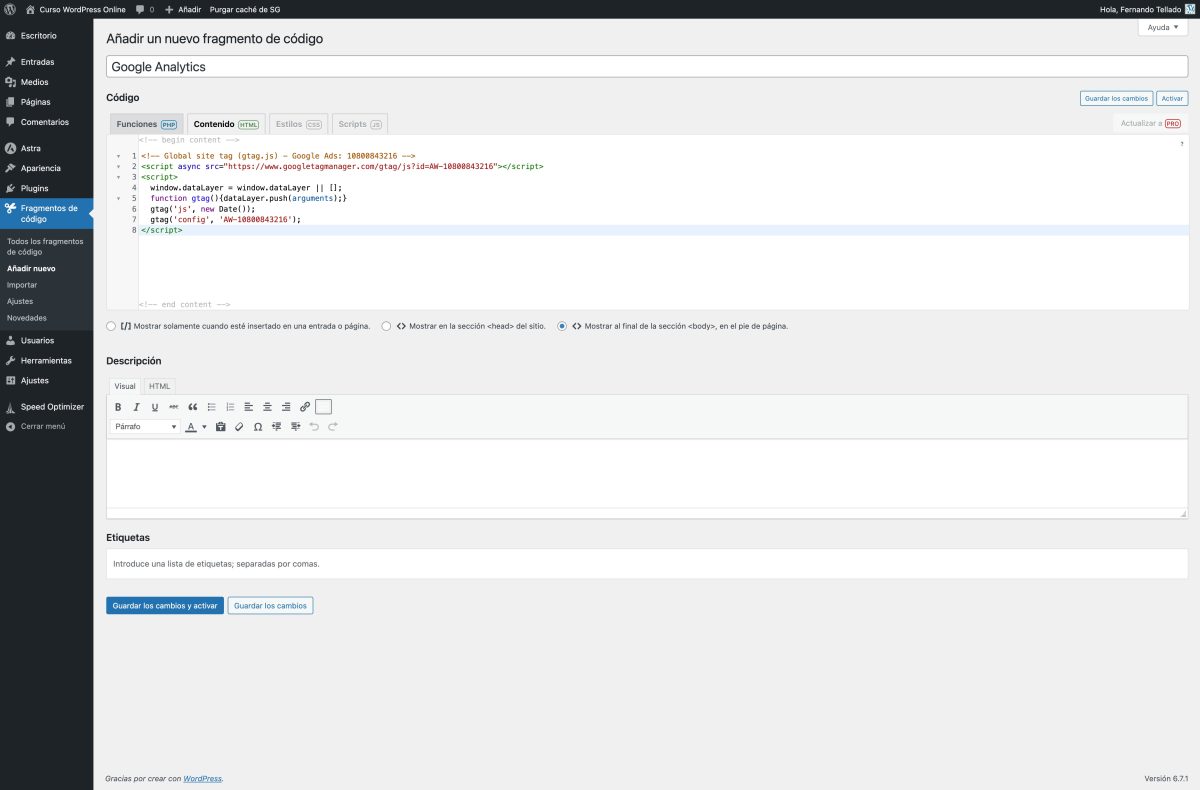 añadir un nuevo fragmento de código curso wordpress online — wordpress 22 01 2025 13 24