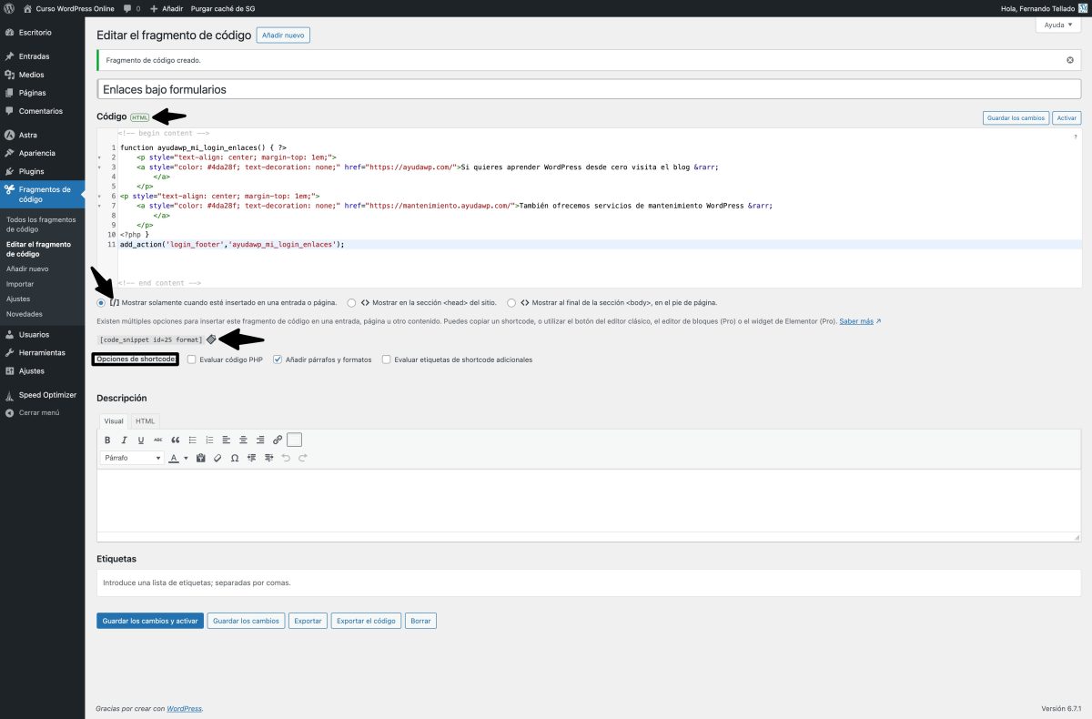 añadir un nuevo fragmento de código curso wordpress online — wordpress 22 01 2025 13 43