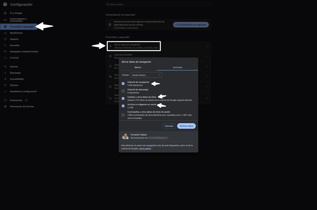 borrar datos cookies cache chrome