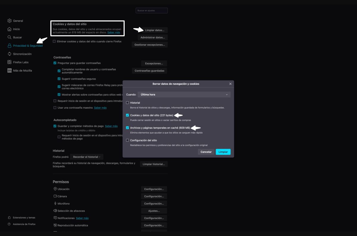 borrar datos cookies cache firefox