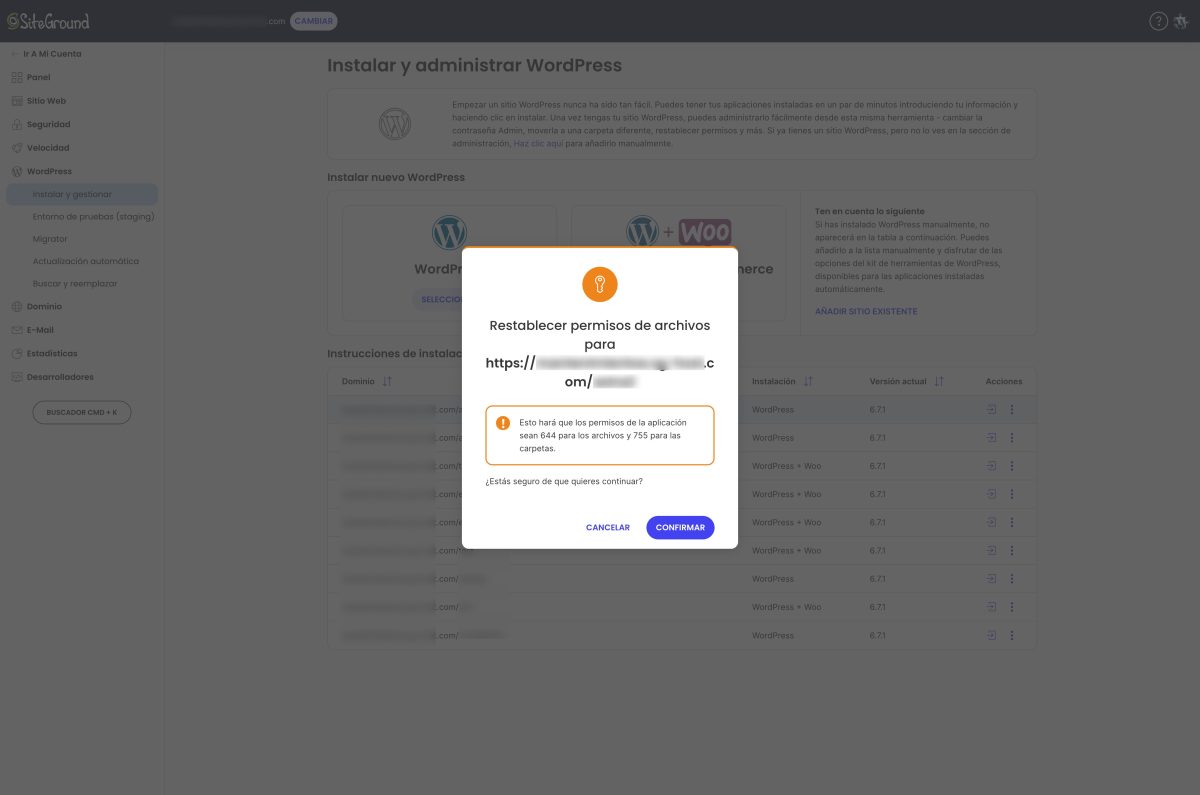 confirmar restablecer permisos archivos carpetas wordpress site tools siteground