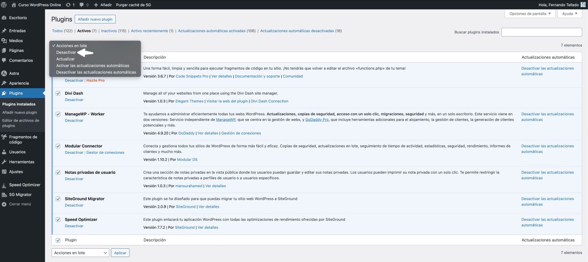 desactivar todos los plugins activos wordpress