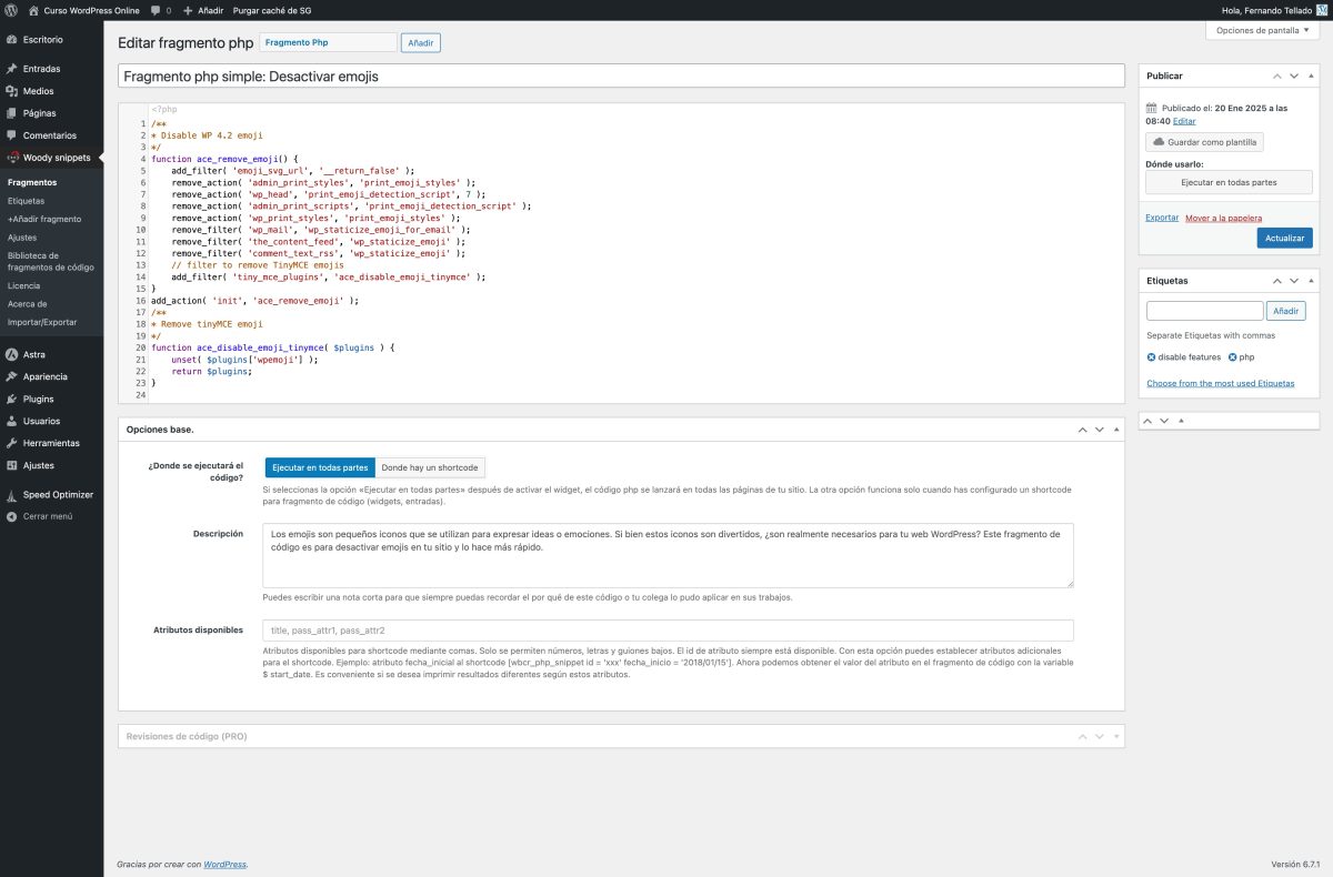 editar fragmento de código «fragmento php simple desactivar emojis» curso wordpress online — wordpress 22 01 2025 17 07