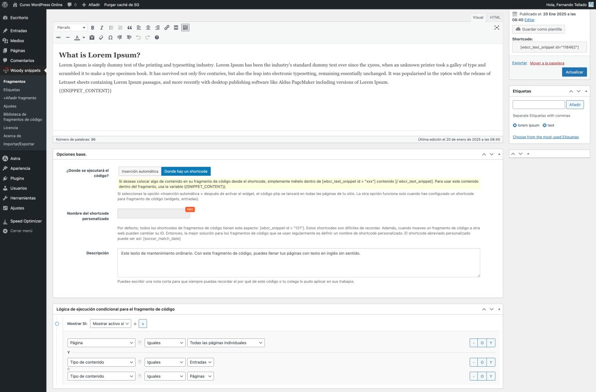 editar fragmento de código «texto simple de fragmento de código ¿qué es lorem ipsum » curso wordpress online — wordpress 22 01 2025 17 06