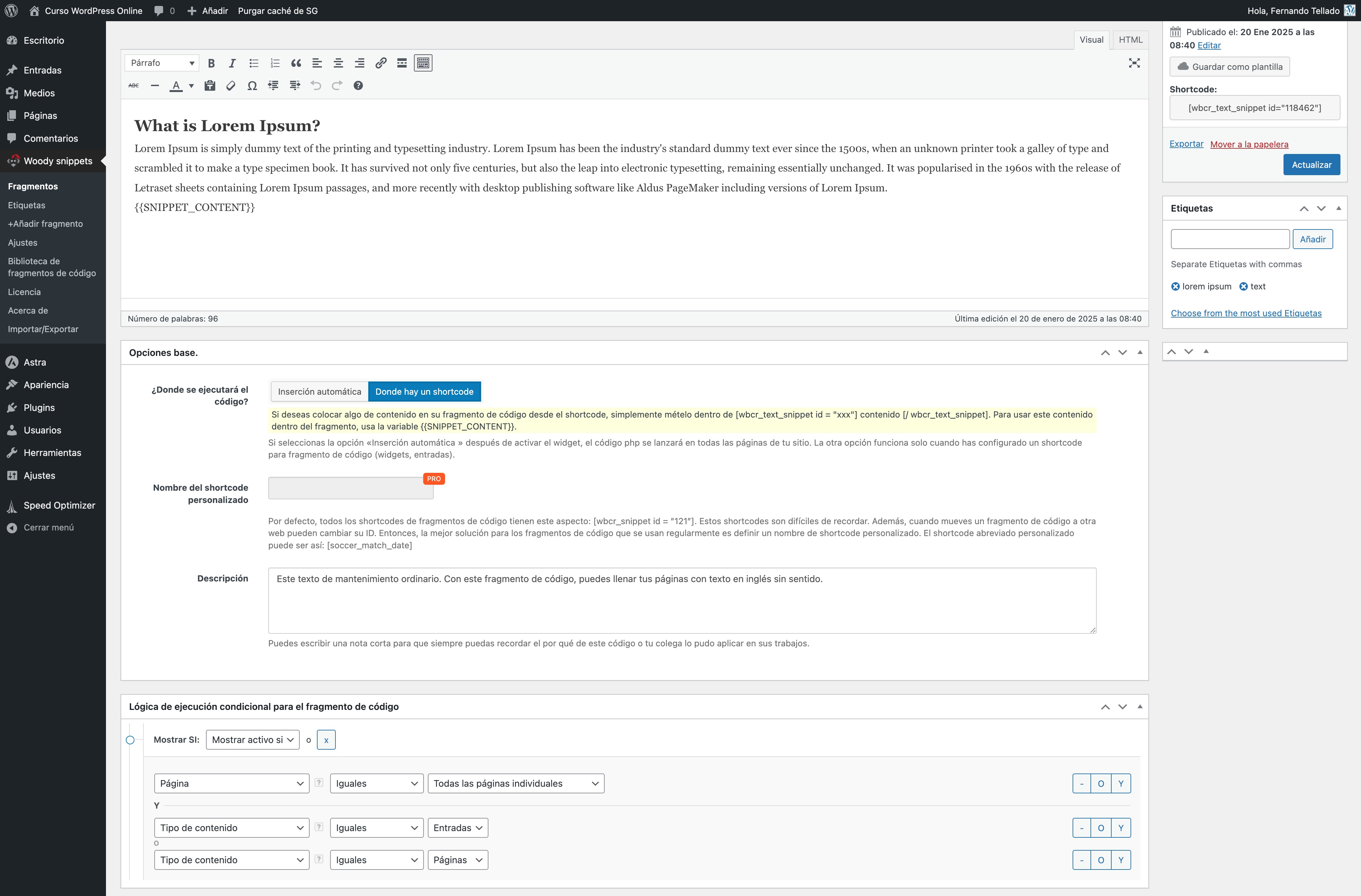editar fragmento de código «texto simple de fragmento de código ¿qué es lorem ipsum » curso wordpress online — wordpress 22 01 2025 17 06