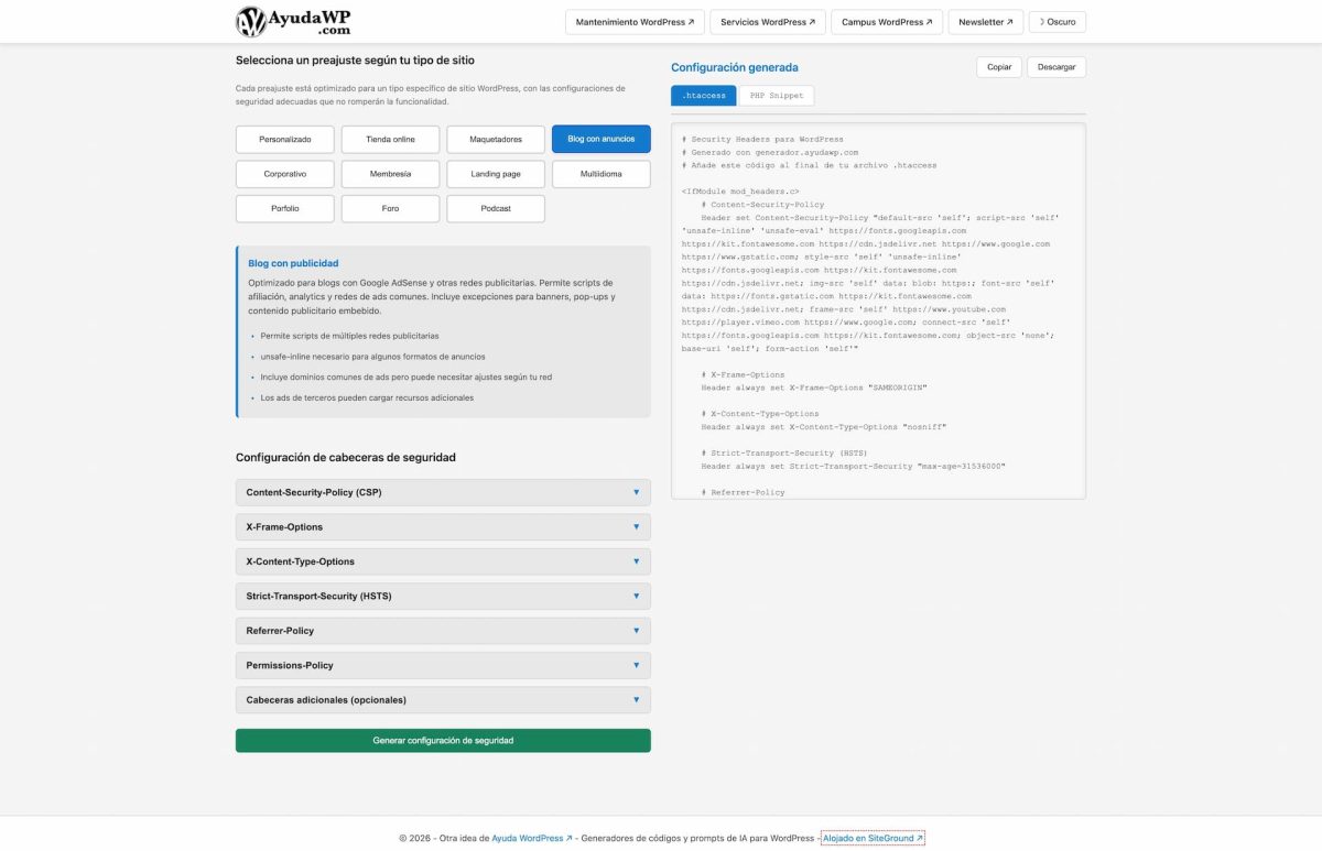 generador de cabeceras de seguridad http preajuste blog anuncios
