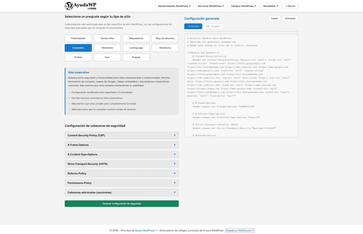 generador de cabeceras de seguridad http preajuste corporativo