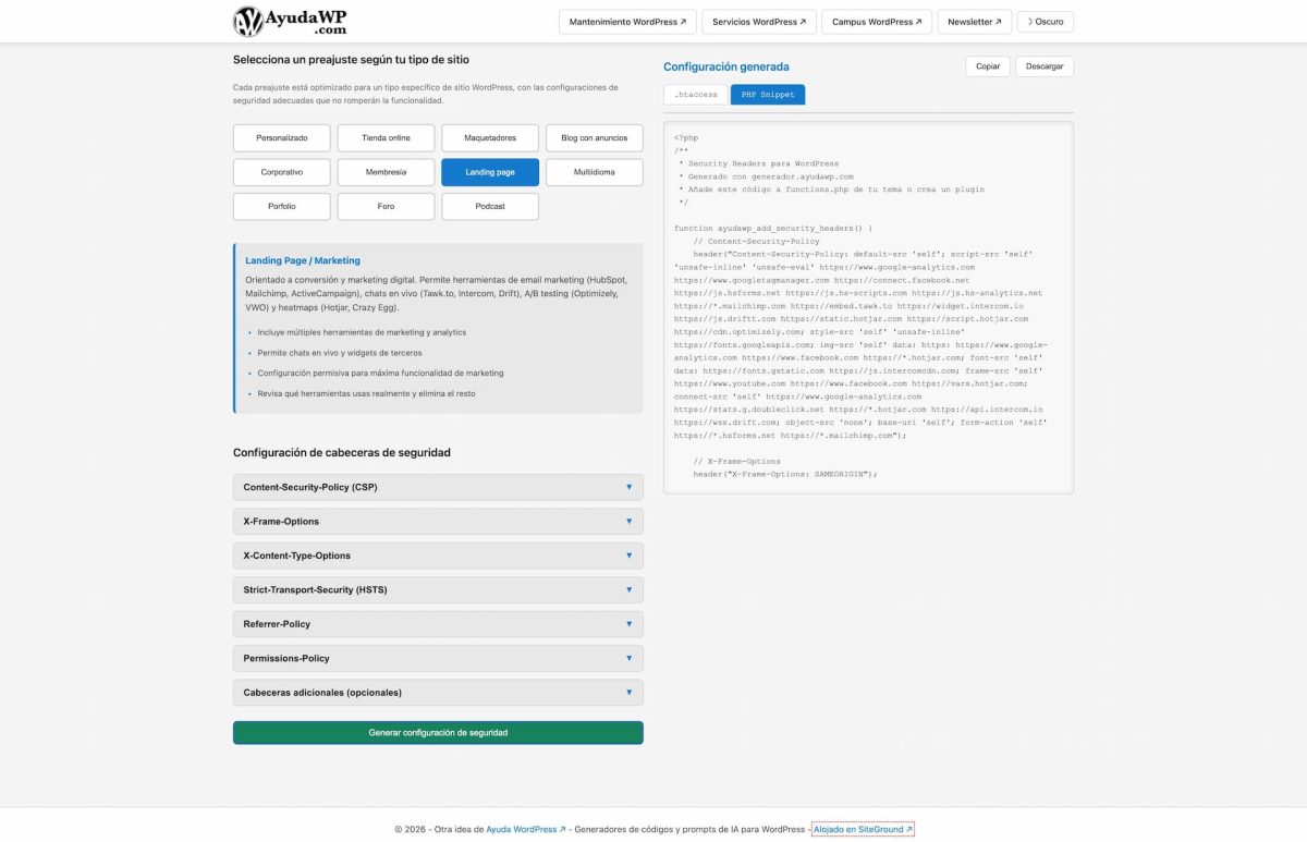 generador de cabeceras de seguridad http preajuste landing page