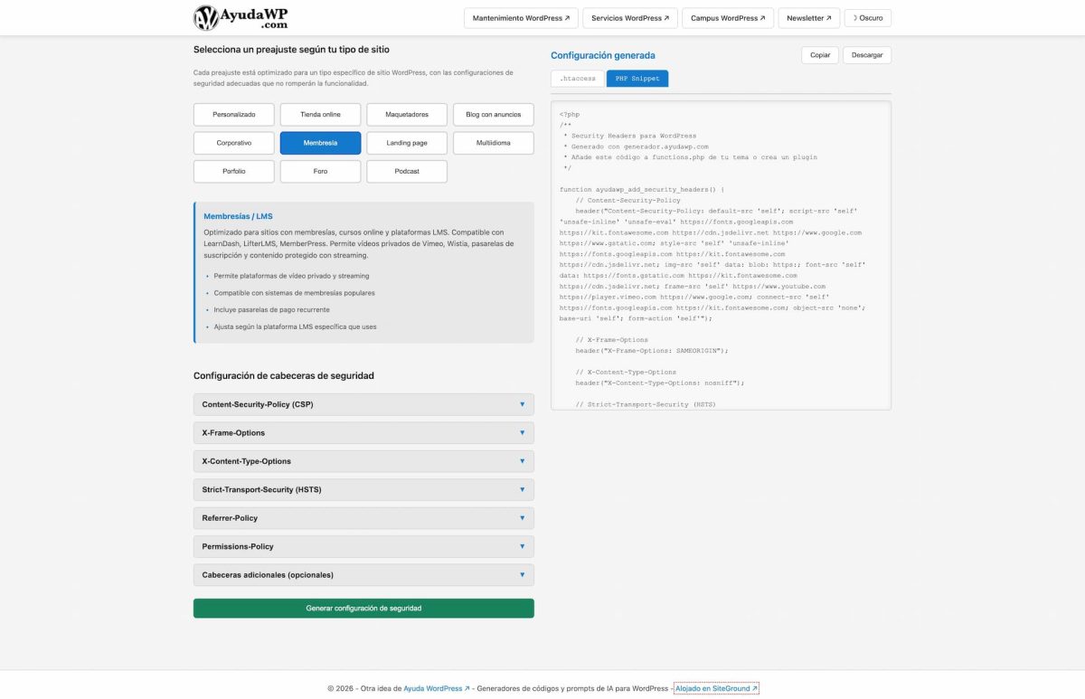generador de cabeceras de seguridad http preajuste membresia