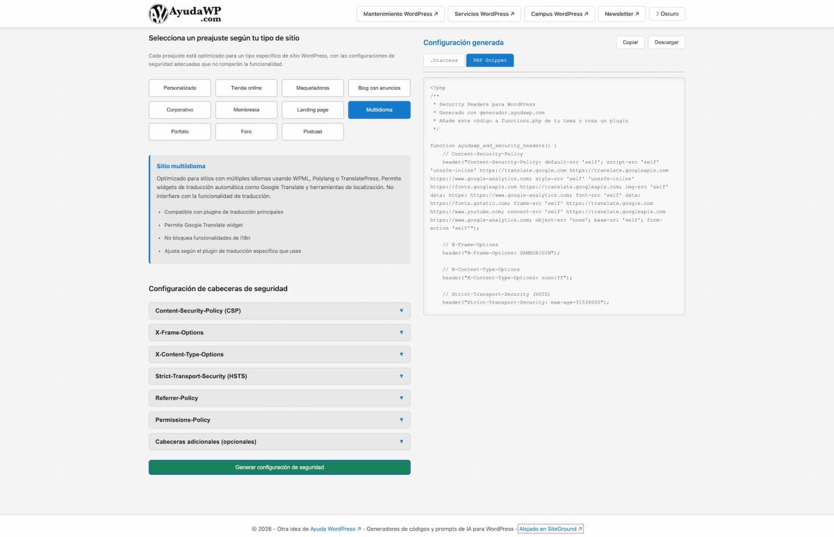 generador de cabeceras de seguridad http preajuste multilenguaje