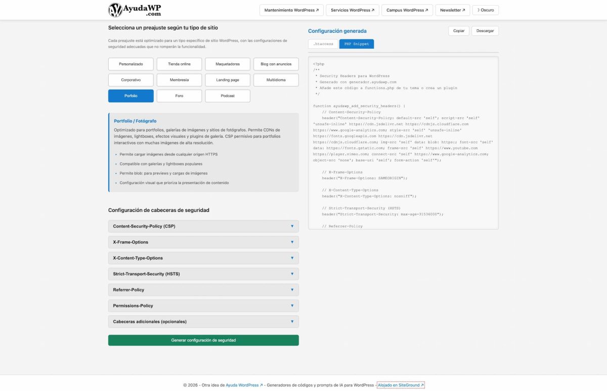 generador de cabeceras de seguridad http preajuste porfolio