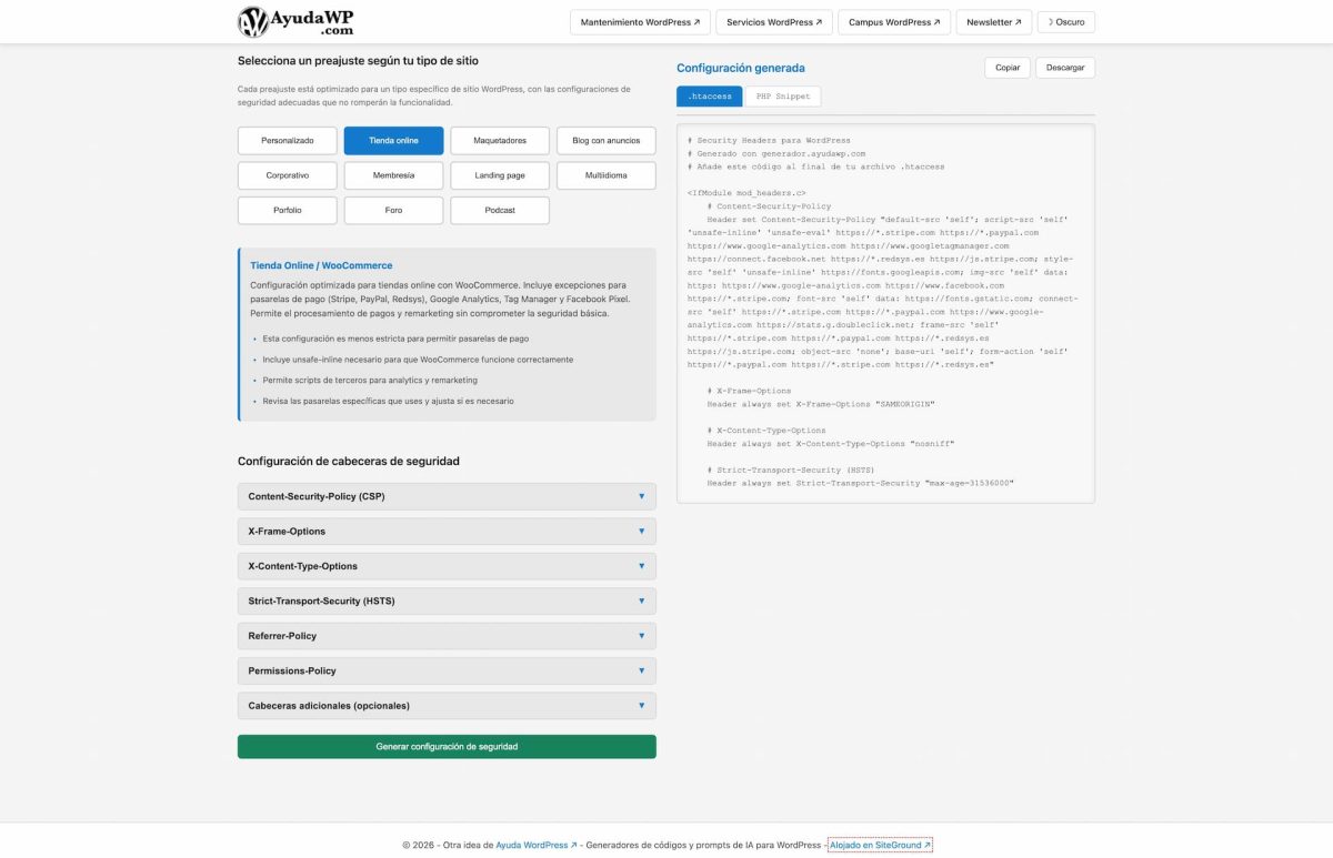 generador de cabeceras de seguridad http preajuste woocommerce