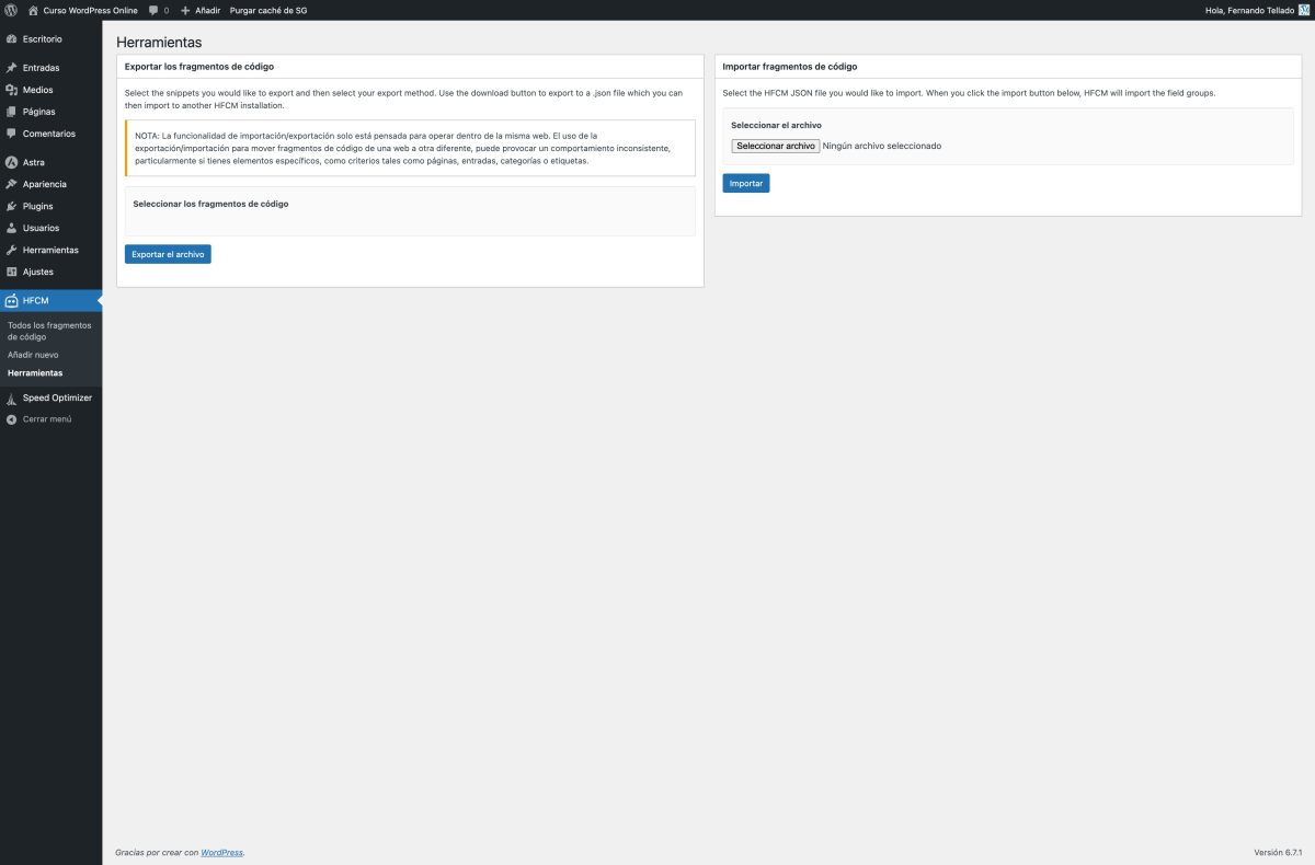 herramientas exportar snippeets hfcm curso wordpress online — wordpress 22 01 2025 12 33