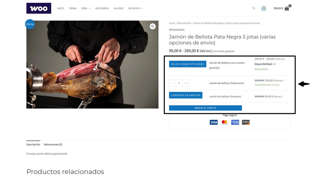 opciones y precios producto agrupado woocommerce