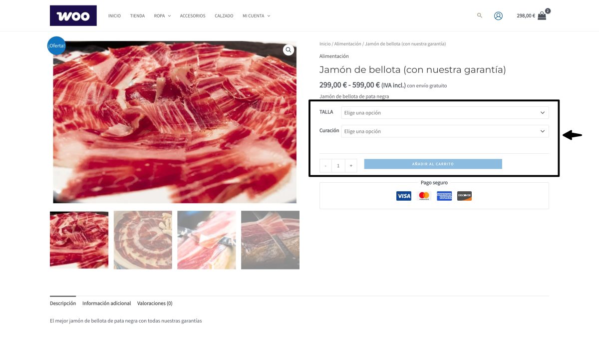 producto variable woocommerce opciones y precios