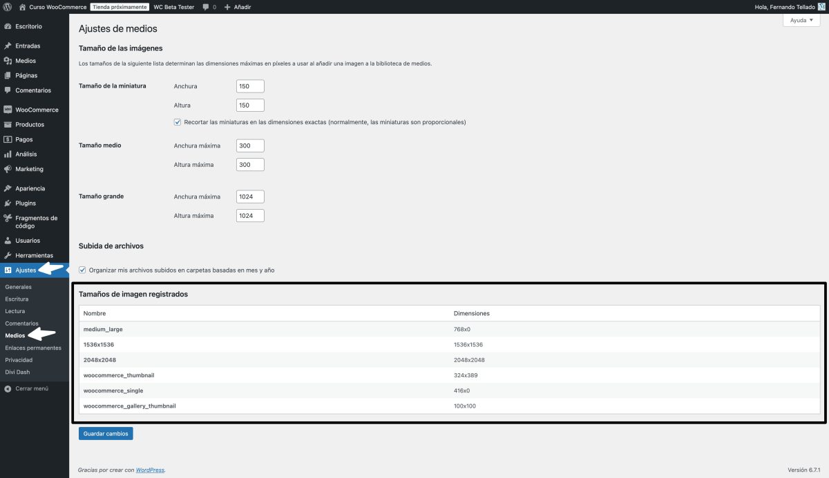 tabla tamaños imagen registrados wordpress en ajustes de medios