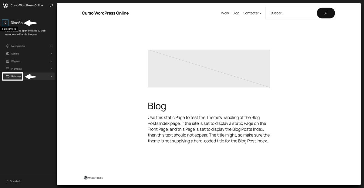 acceder gestor patrones editor sitio wordpress