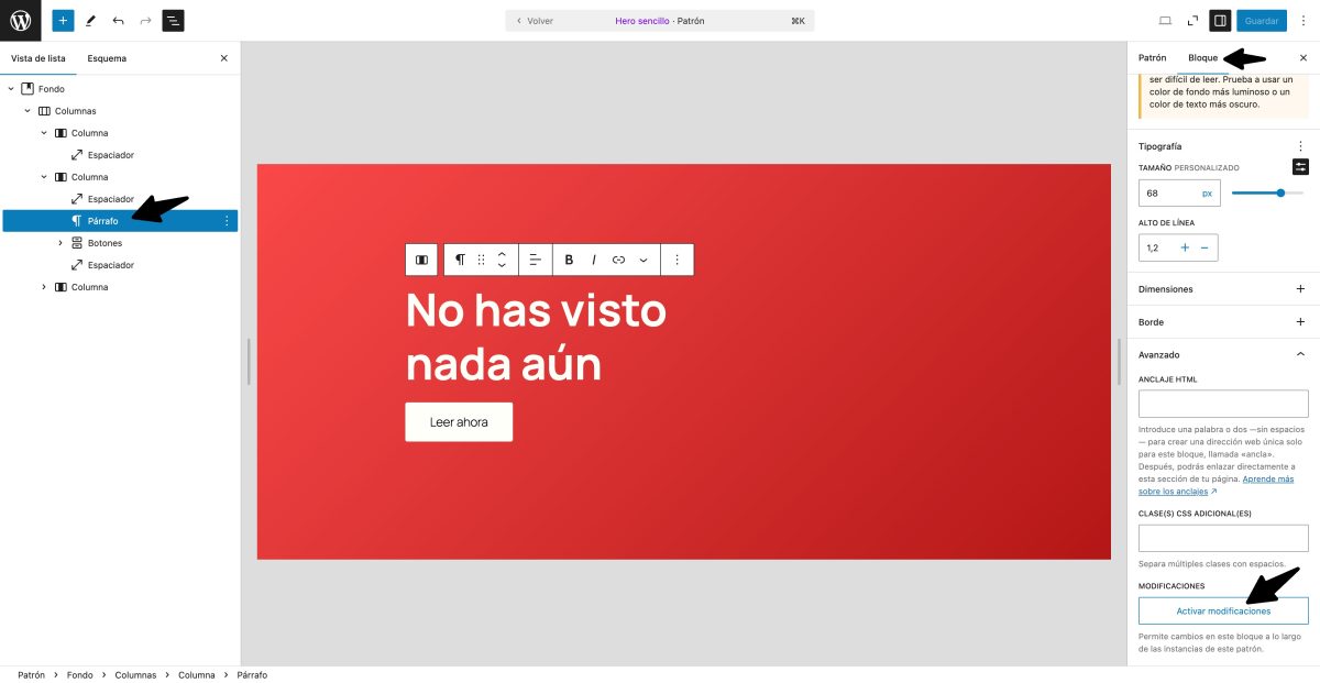 activar modificaciones patron de bloques wordpress