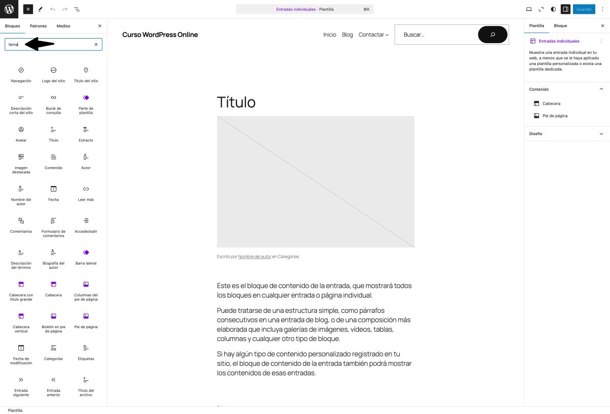 bloques tema editor sitio wordpress