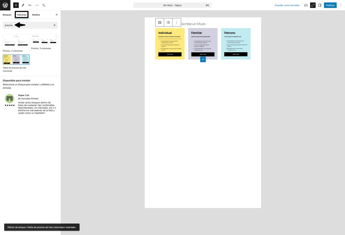 busqueda patrones bloques editor wordpress