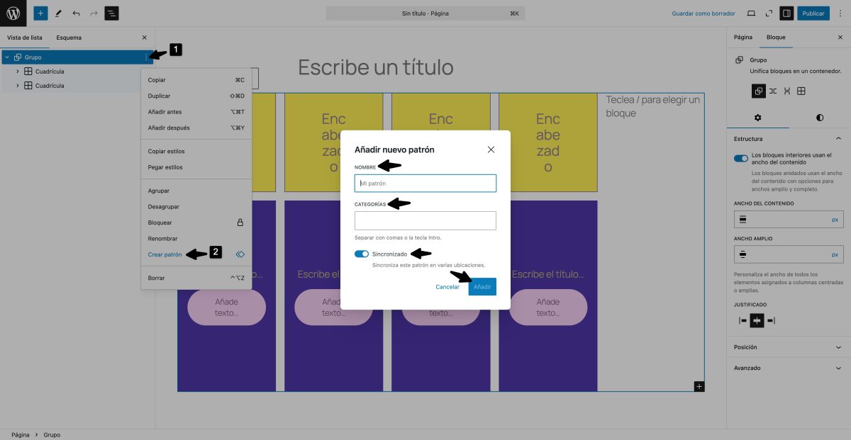 crear patron bloques editor wordpress