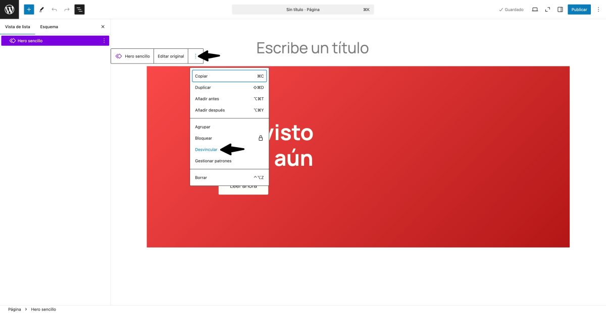 desvincular patron de bloques sincronizado wordpress