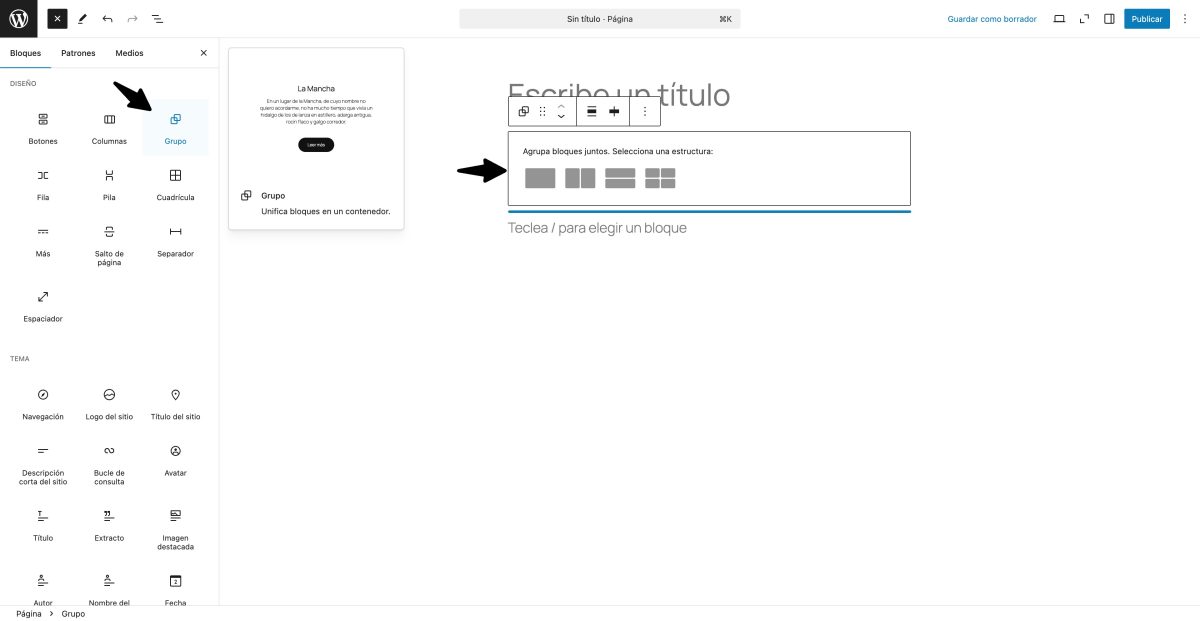 nuevo bloque grupo editor wordpress