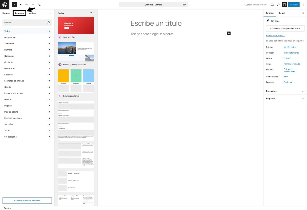 patrones de bloques editor wordpress entradas