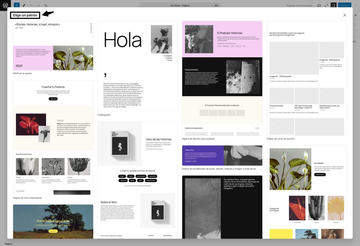patrones de bloques wordpress nueva pagina