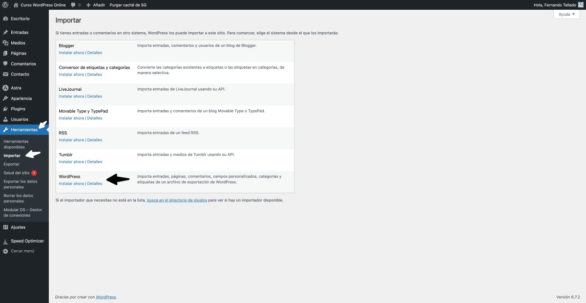 instalar importador wordpress