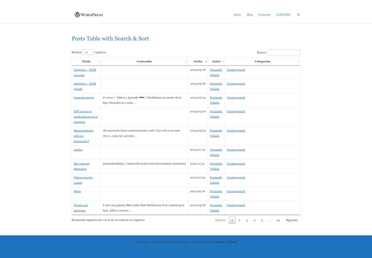 posts table with search sort – curso wordpress online