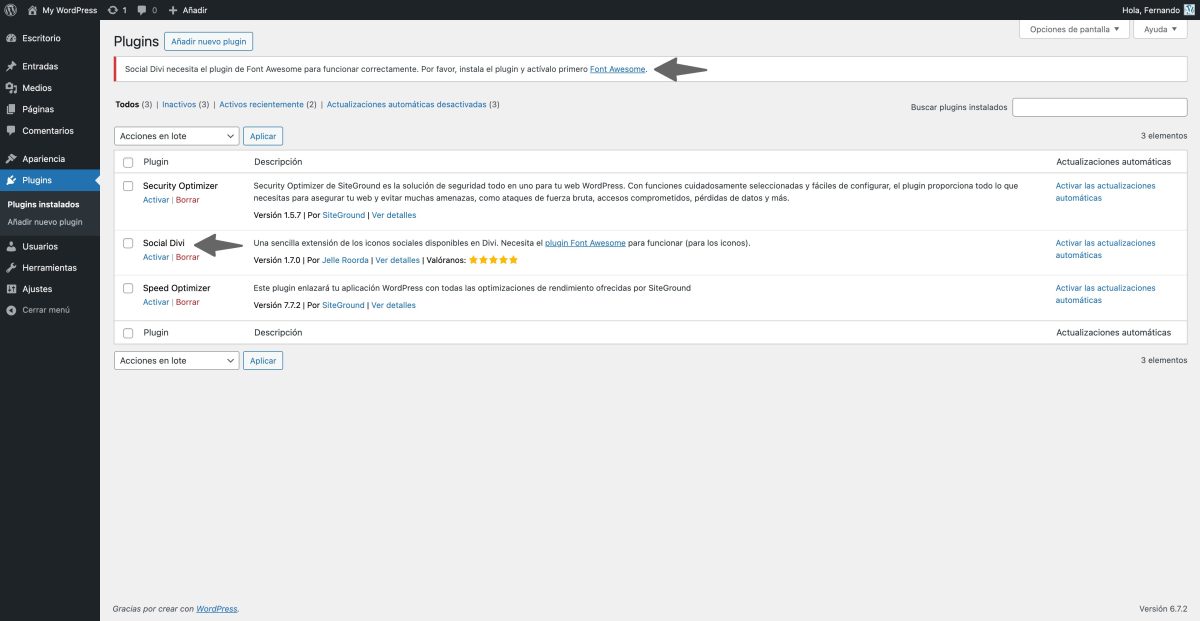 social divi aviso necesita font awesome