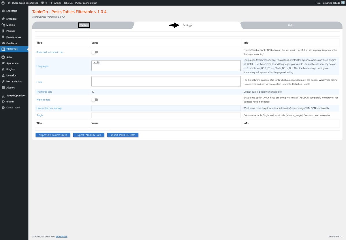 tableon ajustes generales