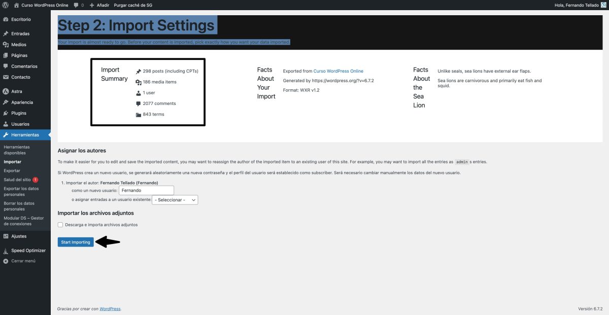 wordpress importer v1 paso 2