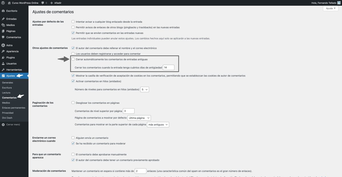 ajuste cerrar comentarios automaticamente wordpress