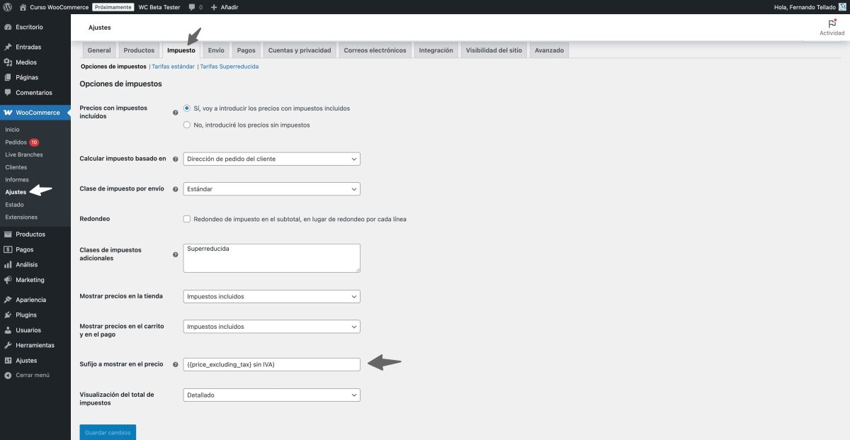ajustes woocommerce sufijo precio impuestos