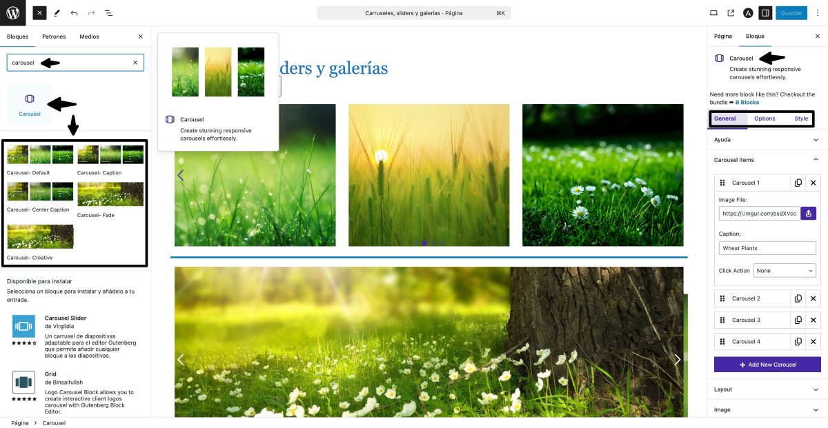 b carousel block ajustes