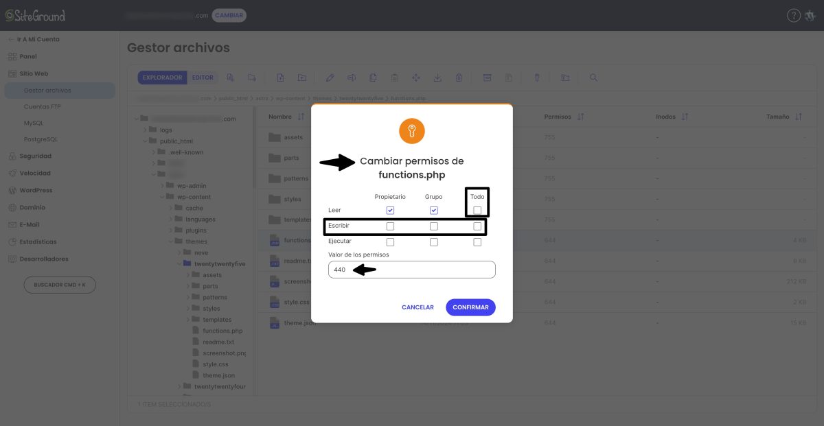 cambiar permisos archivo functions php 440
