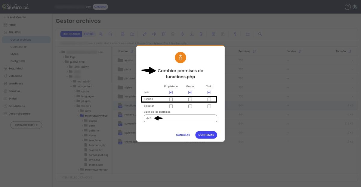 cambiar permisos archivo functions php 444