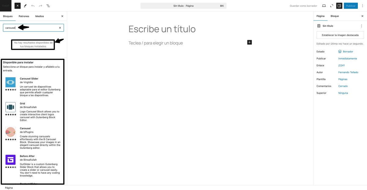 editor bloques wordpress sin carrusel