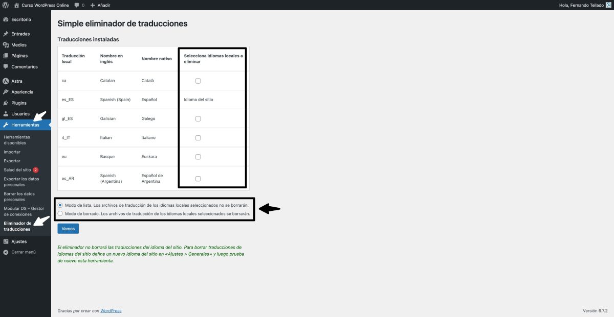 eliminador de traducciones ajustes