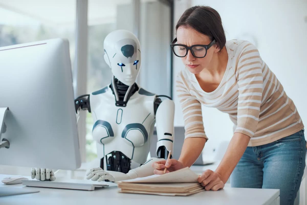 mujer y robot trabajando juntas