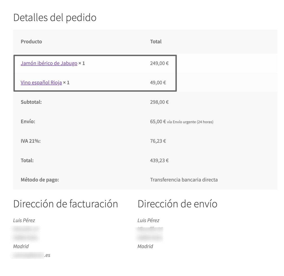 pedido 2 productos distinta clase de envio