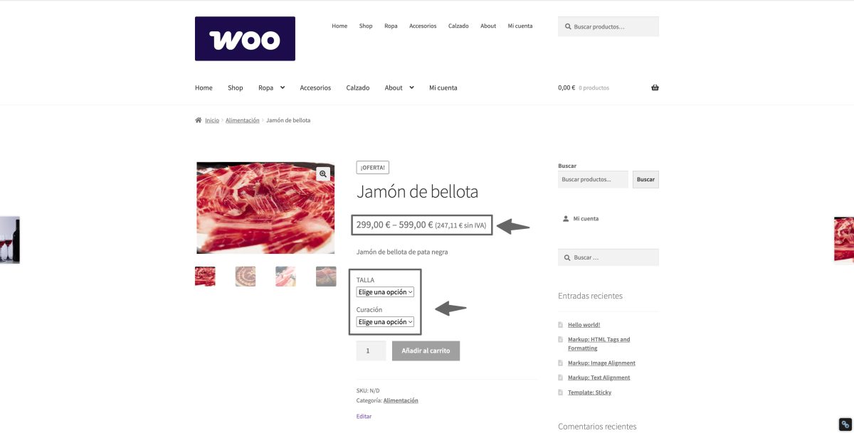 producto variable woocommerce mostrando sufijo sin elegir variacion