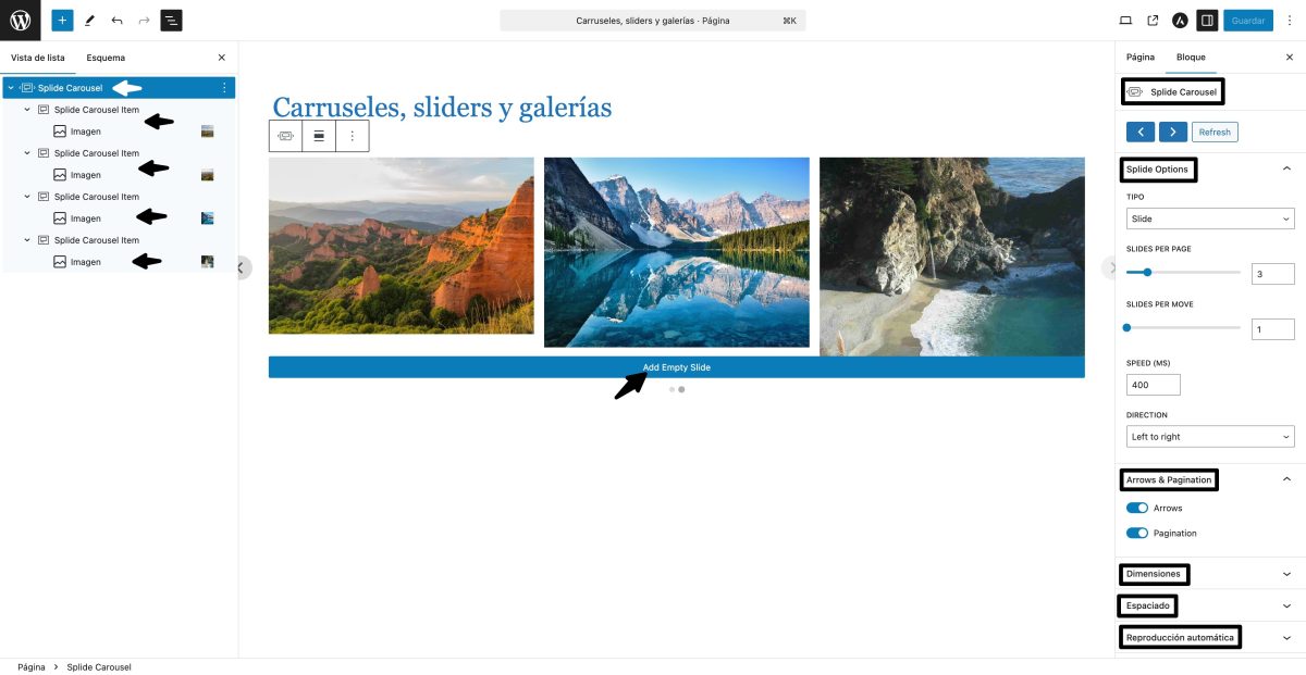splide carousel ajustes