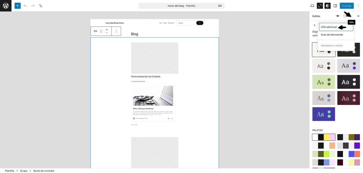 abrir css adicional estilos tema wordpress bloques fse
