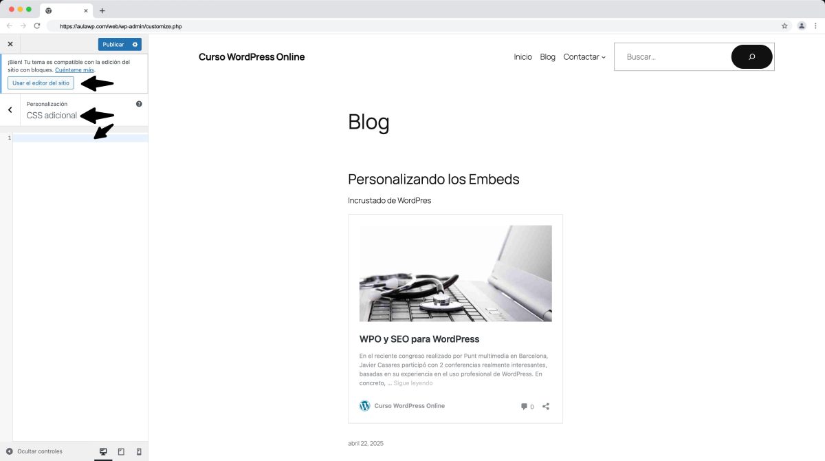 css adicional personalizador wordpress tema bloques edicion completa sitio fse